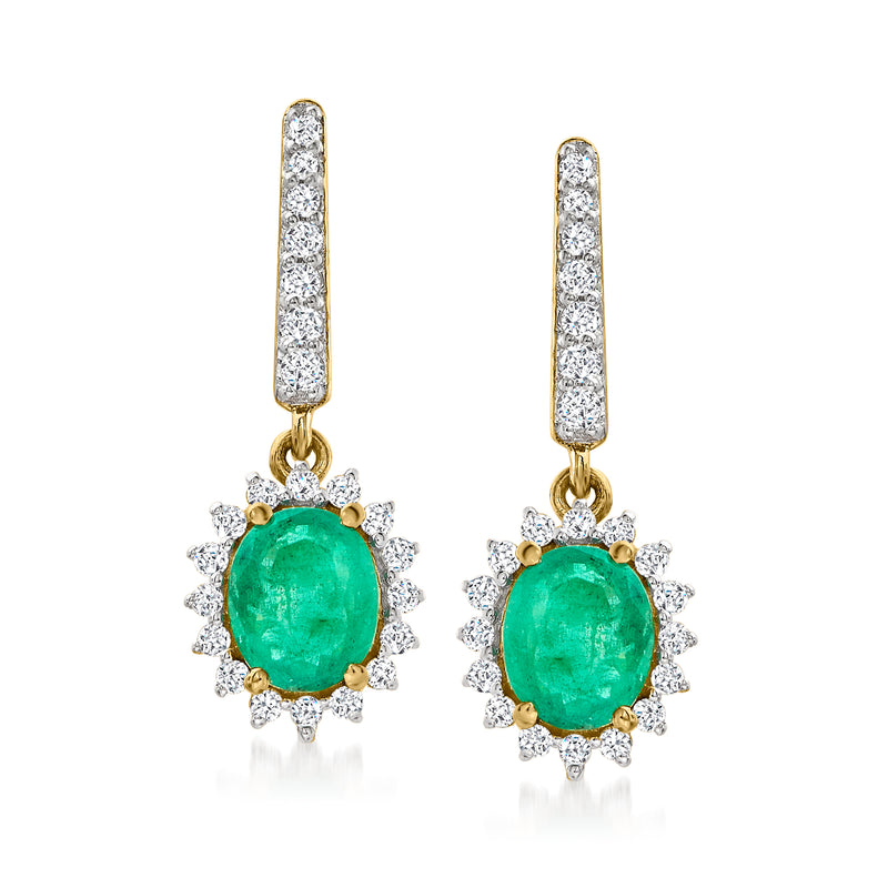 14kt yellow gold drop earrings with green oval gemstone and diamond halo
