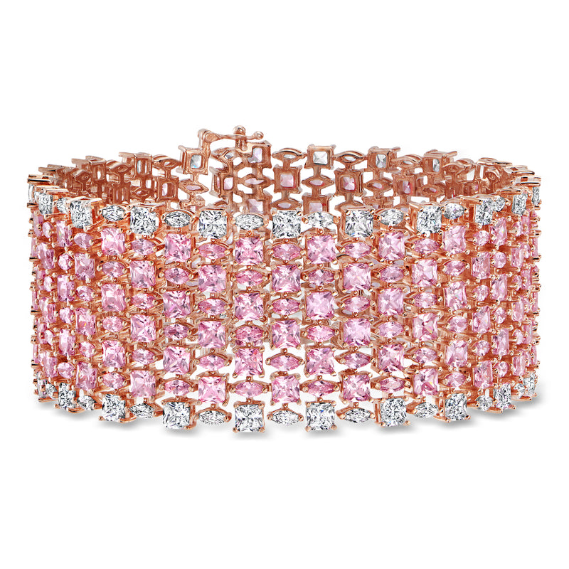 Wide CZ bracelet in rose gold with pink and white square stones, hinged clasp.