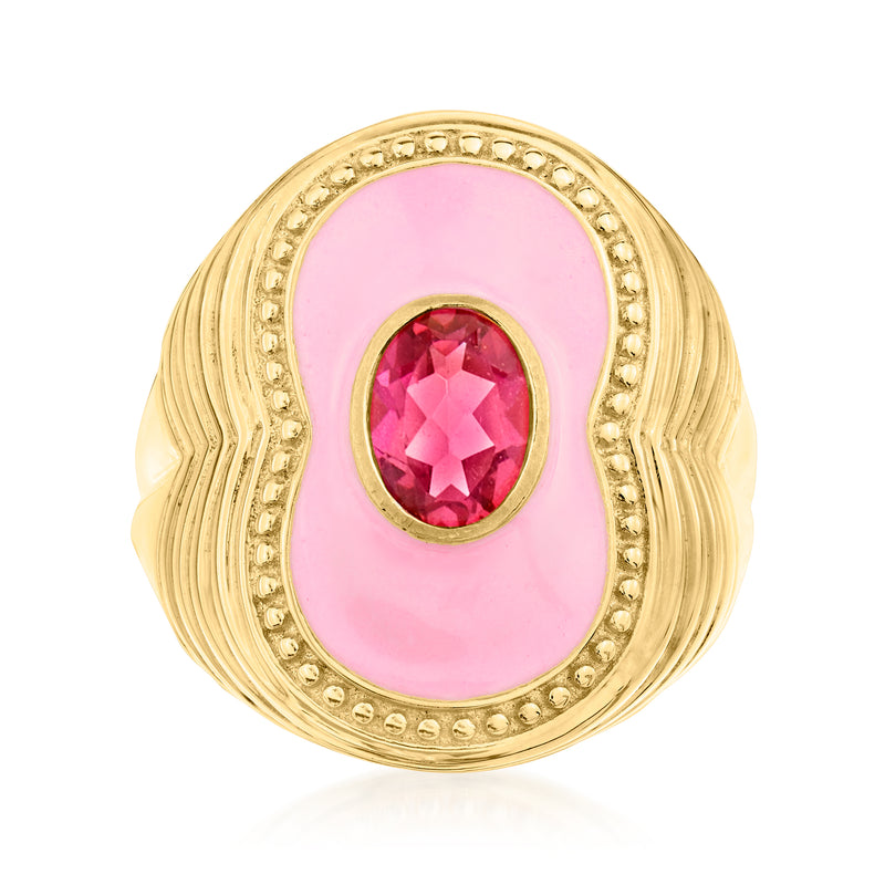 Gold over sterling pink enamel oval ring with raised pink gemstone bezel