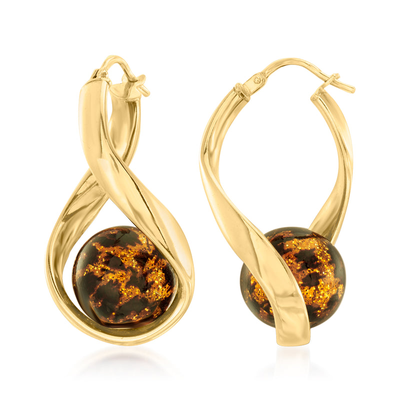 Gold hoop earrings with twisted drop and amber-brown speckled glass bead