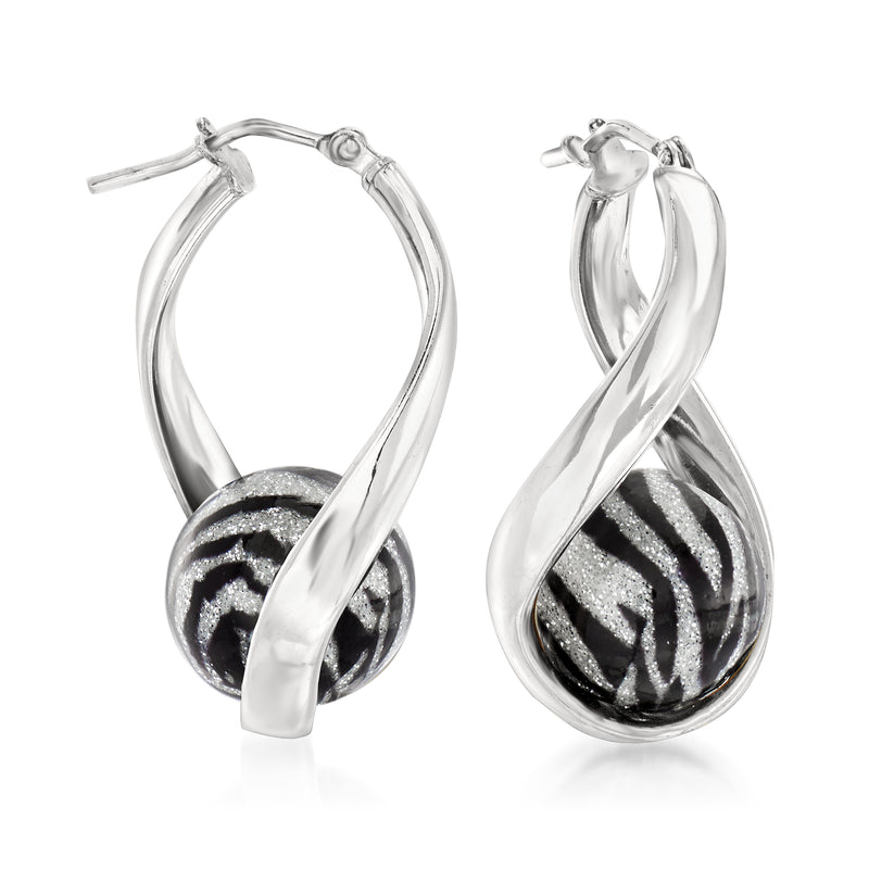 Sterling silver twisted hoop earrings with black and gray zebra-print Murano glass bead