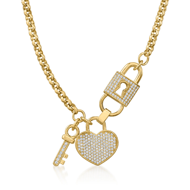 18kt gold over sterling CZ heart, lock and key necklace