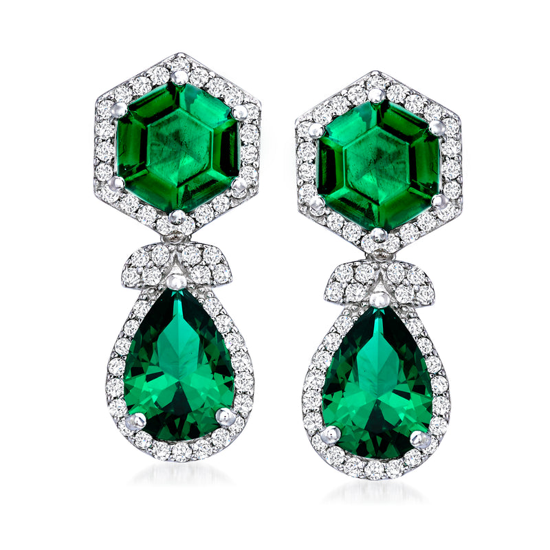 Sterling silver drop earrings with green square and teardrop stones, clear CZ halos