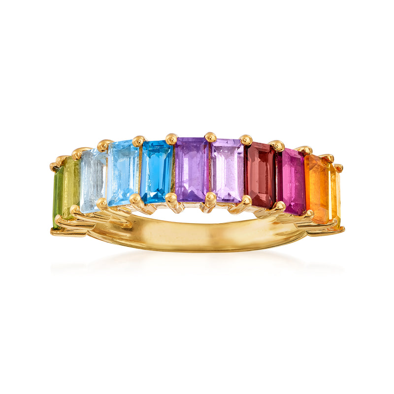 Multi-gemstone baguette ring with colorful stones and 18k gold-over-sterling band
