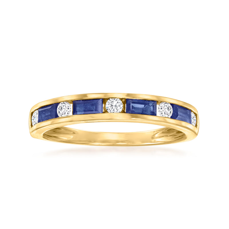 14kt yellow gold ring with blue sapphire channel-set stones and round diamond accents