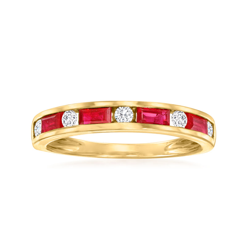 14k yellow gold ring with red rectangular rubies and white diamonds across top