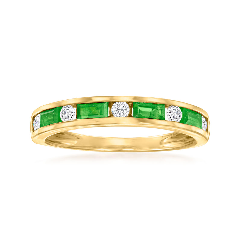 14kt yellow gold band ring with green emerald and round white diamond accents
