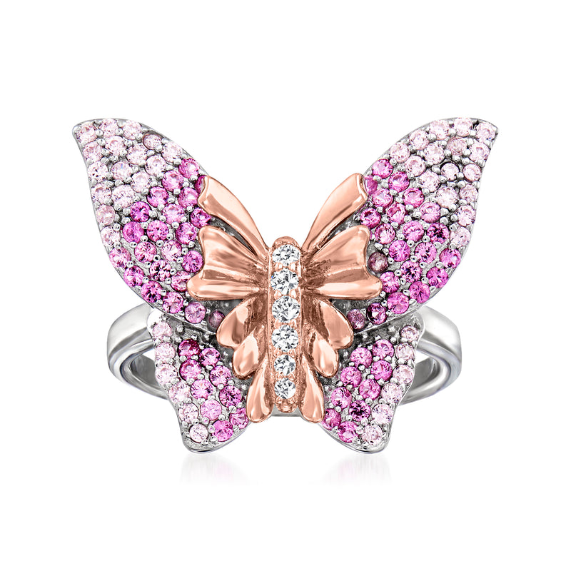 Sterling silver butterfly ring with pink CZs and rose-gold accents, front view