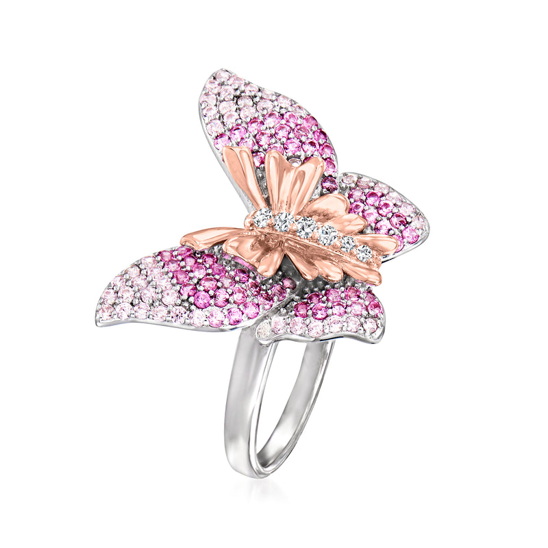 Sterling silver butterfly ring with pink CZs, rose-gold bow centerpiece, side view