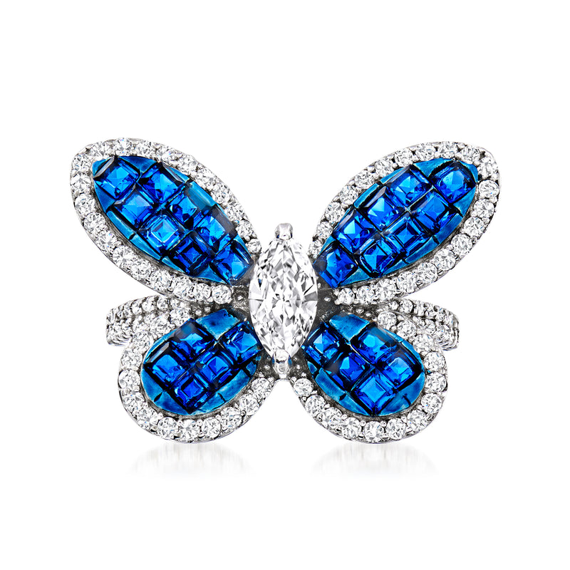 Sterling silver butterfly ring with blue marquise-cut stones and clear CZ accents