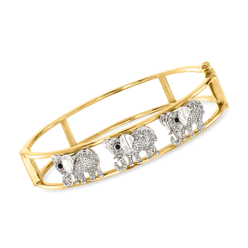 Two-tone sterling silver elephant bangle bracelet with diamond-like accents