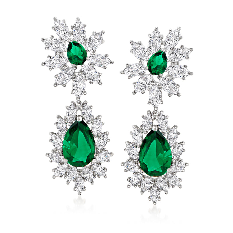 Sterling silver drop earrings with green teardrop center and CZ snowflake halos