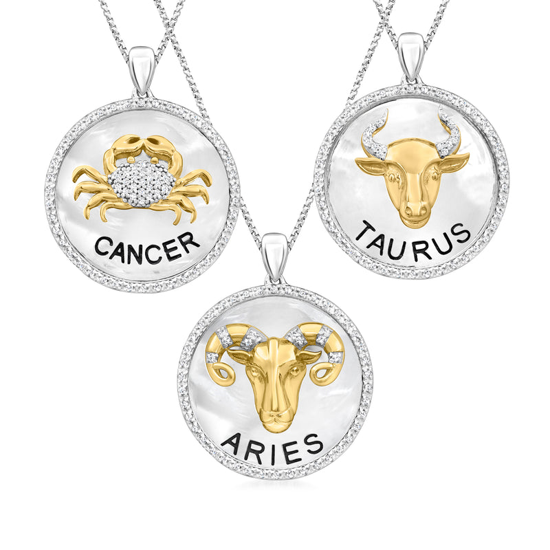 Two-tone zodiac pendant necklace with three round signs: Cancer, Taurus, Aries