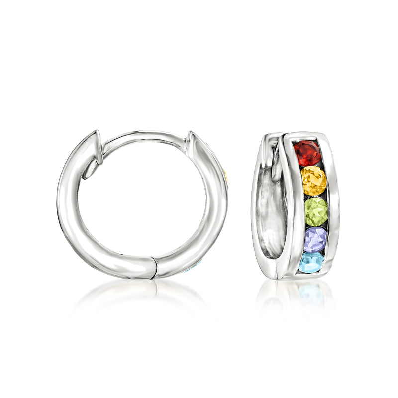 Sterling silver huggie hoop earrings with multi-colored stones (red, yellow, green, purple, blue).