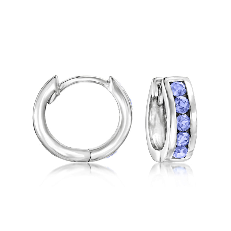 Sterling silver huggie hoop earrings with three blue-purple gemstone stones in square bezels