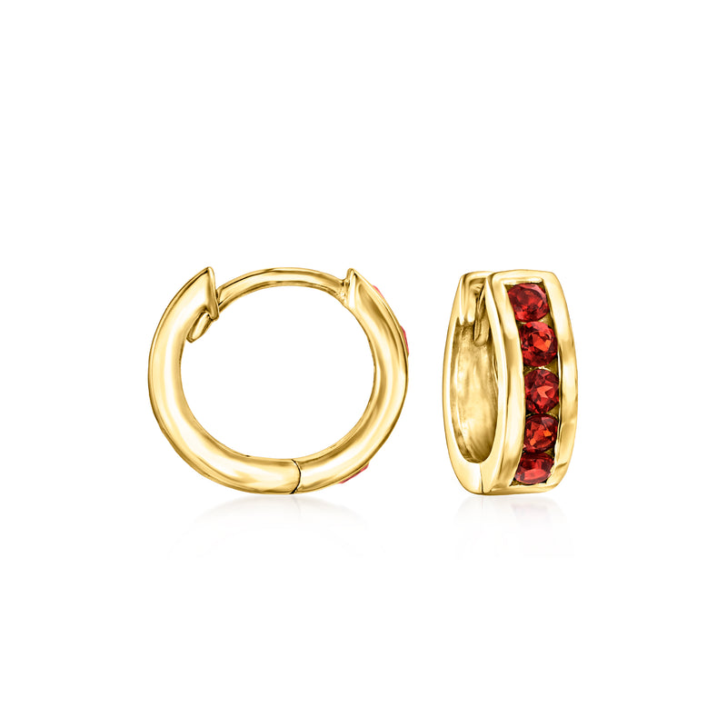 Gold huggie hoop earrings with red garnet stone band on each hoop