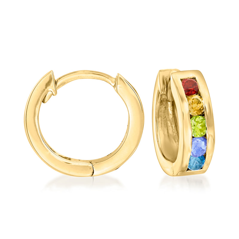 18k gold over sterling huggie hoop earrings with rainbow gemstone accents