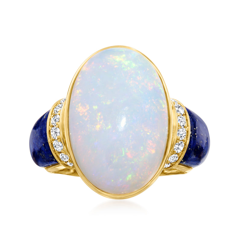 Oval opal and lapis ring in 14kt yellow gold with diamond accents on the shoulders