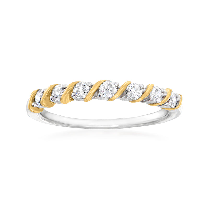 14kt two-tone gold diamond ring with row of five round-cut stones on band