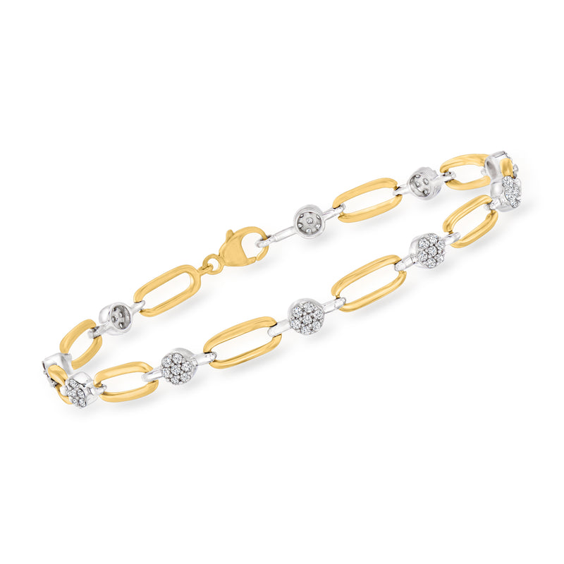 Two-tone 14kt gold paper-clip link bracelet with round diamond cluster accents