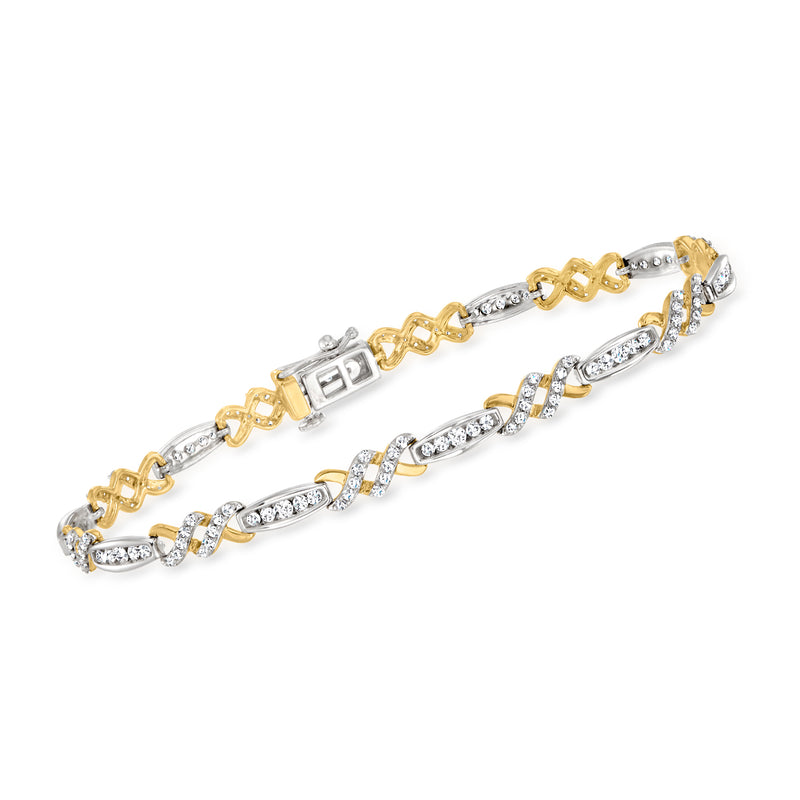 Two-tone 14kt gold diamond crisscross link bracelet with bar accents