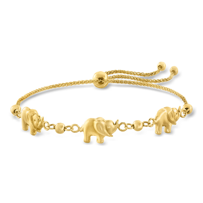 Yellow gold elephant bolo bracelet with three elephant charms and sliding cord ends