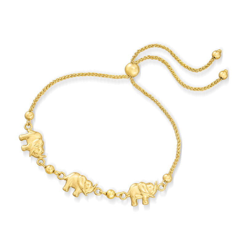 Yellow gold elephant bolo bracelet with three elephant charms and cord with bead stops