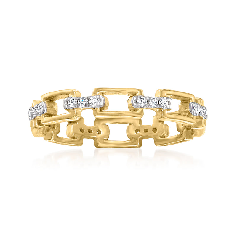 Gold over sterling silver diamond link ring with square-cut stones, polished 18kt finish.