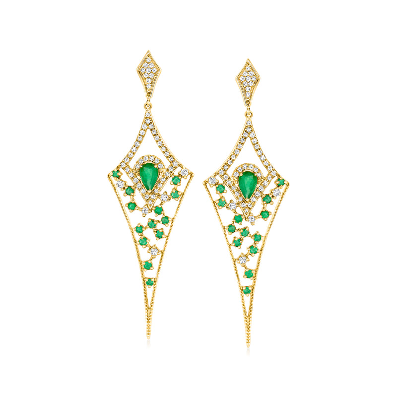 14kt yellow gold drop earrings with emerald-green center stones and diamond accents