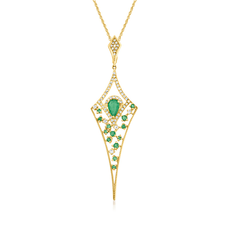 14kt yellow gold pendant necklace with emerald green stones and diamond accents