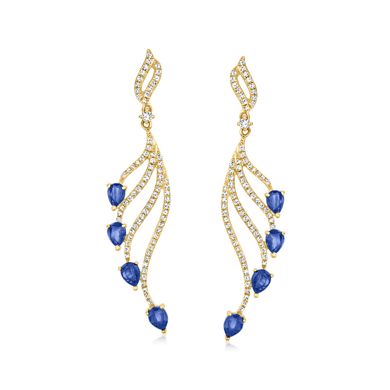 14kt yellow gold sapphire and diamond drop earrings with blue pear-shaped stones
