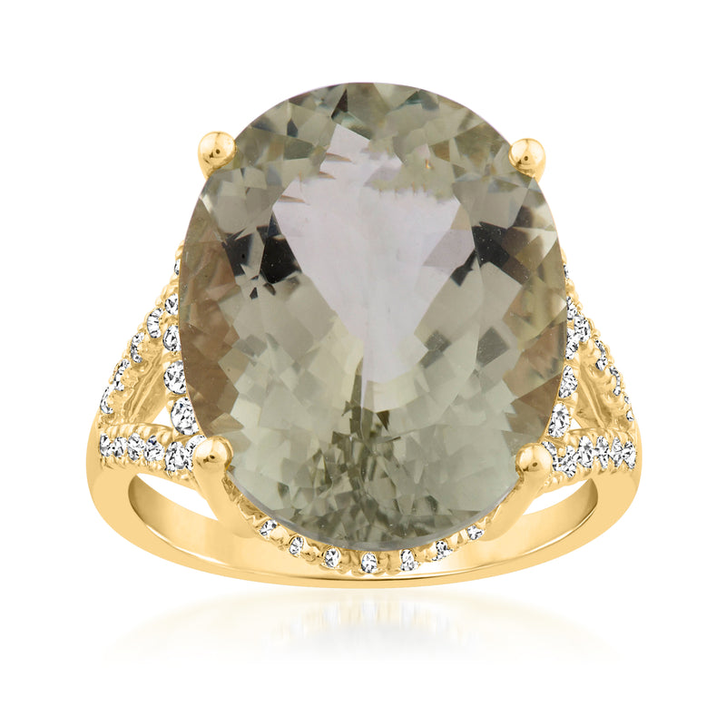 Prasiolite ring with oval green stone and diamond accents in 14kt yellow gold