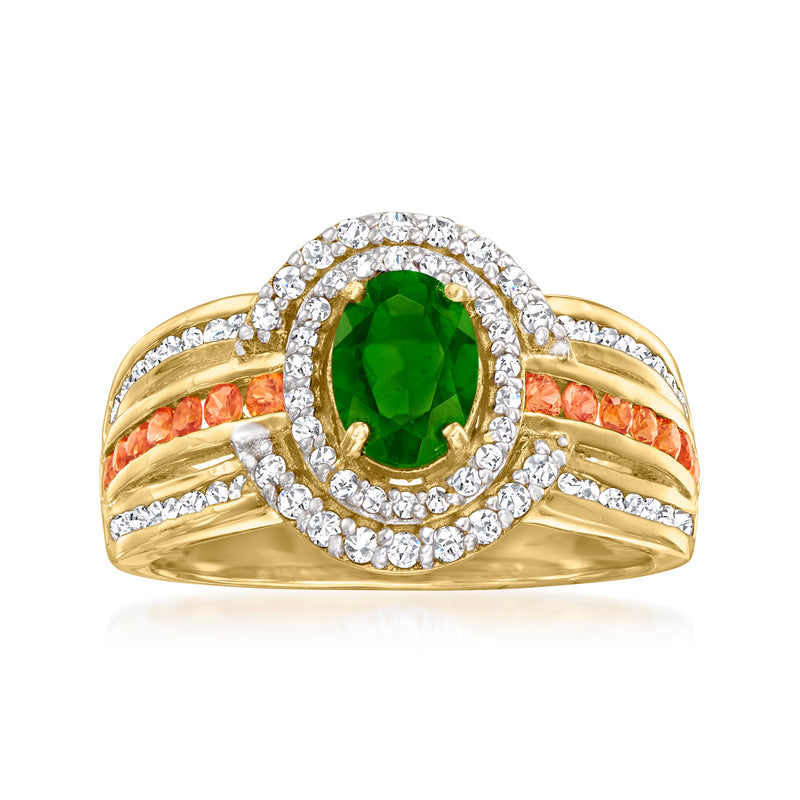 18kt gold over sterling multi-gemstone ring with oval green center and diamond halo