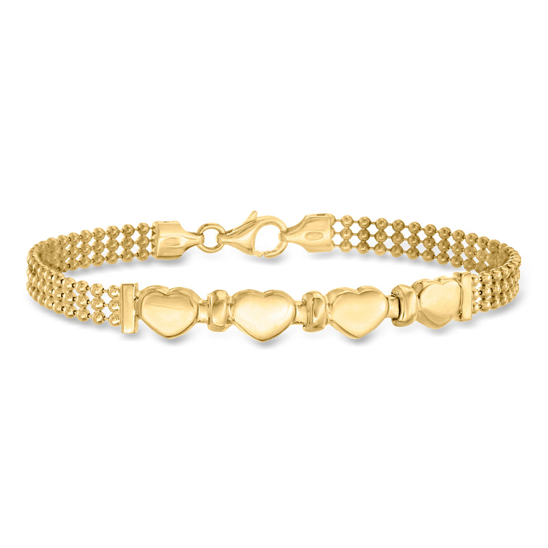 Gold heart beaded bracelet with clasp and linked heart charms