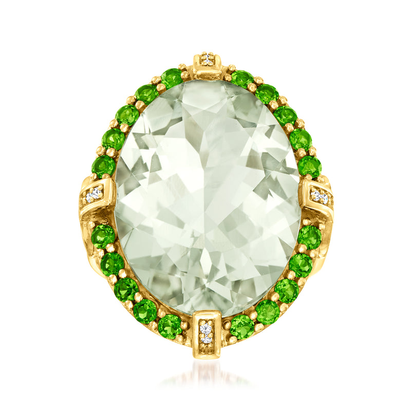 Oval prasiolite cocktail ring in 14kt yellow gold, green side stones and diamond accents