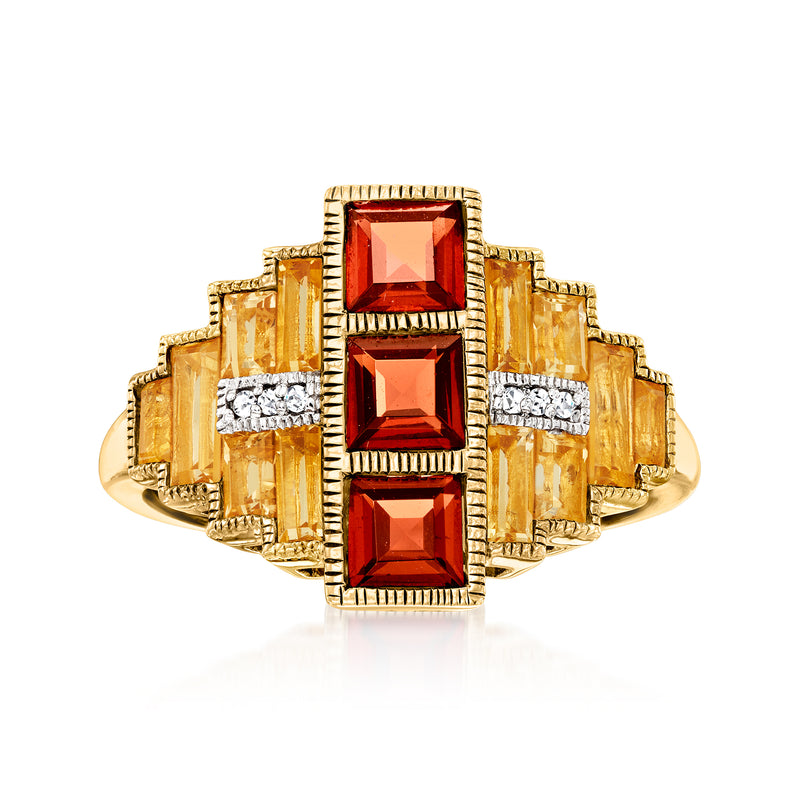 Gold-tone multi-gemstone ring with red rectangular stones and clear side accents