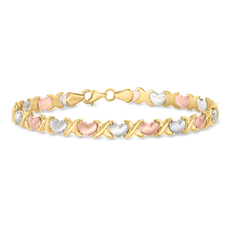 14k tri-colored gold heart stamp bracelet with pink and silver heart links