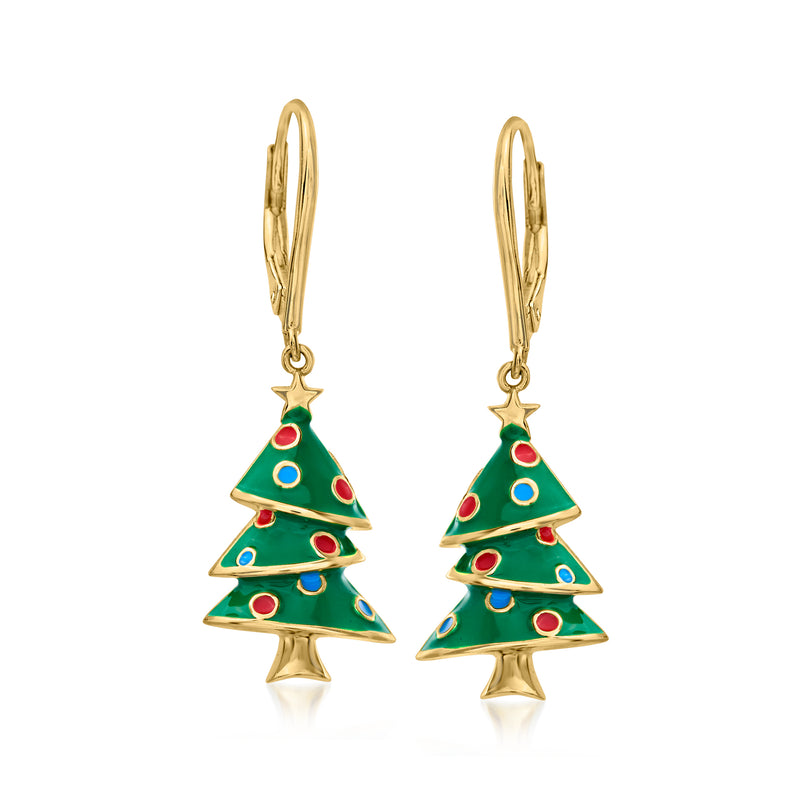 Multicolored Enamel Christmas Tree Drop Earrings in 18kt Gold Over Sterling