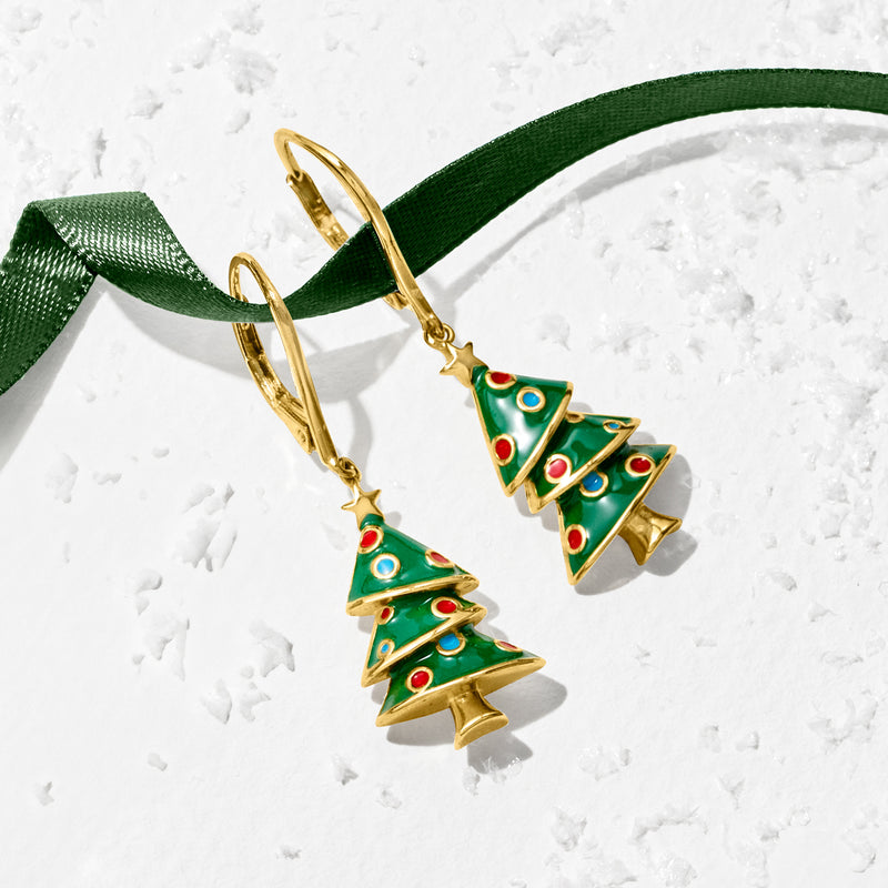 Multicolored Enamel Christmas Tree Drop Earrings in 18kt Gold Over Sterling