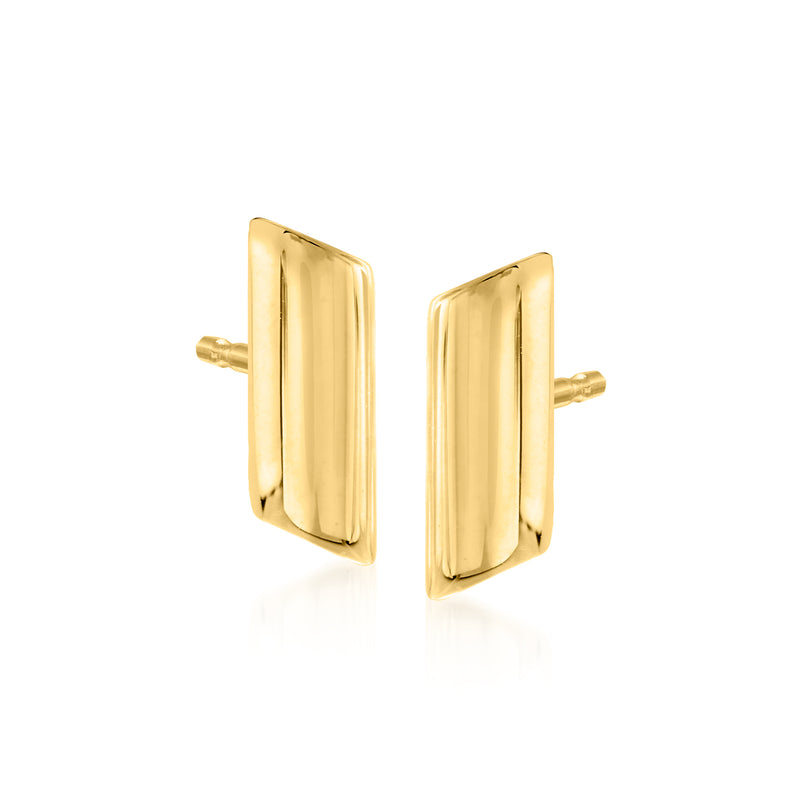 14kt yellow gold slanted bar stud earrings with polished rectangular front