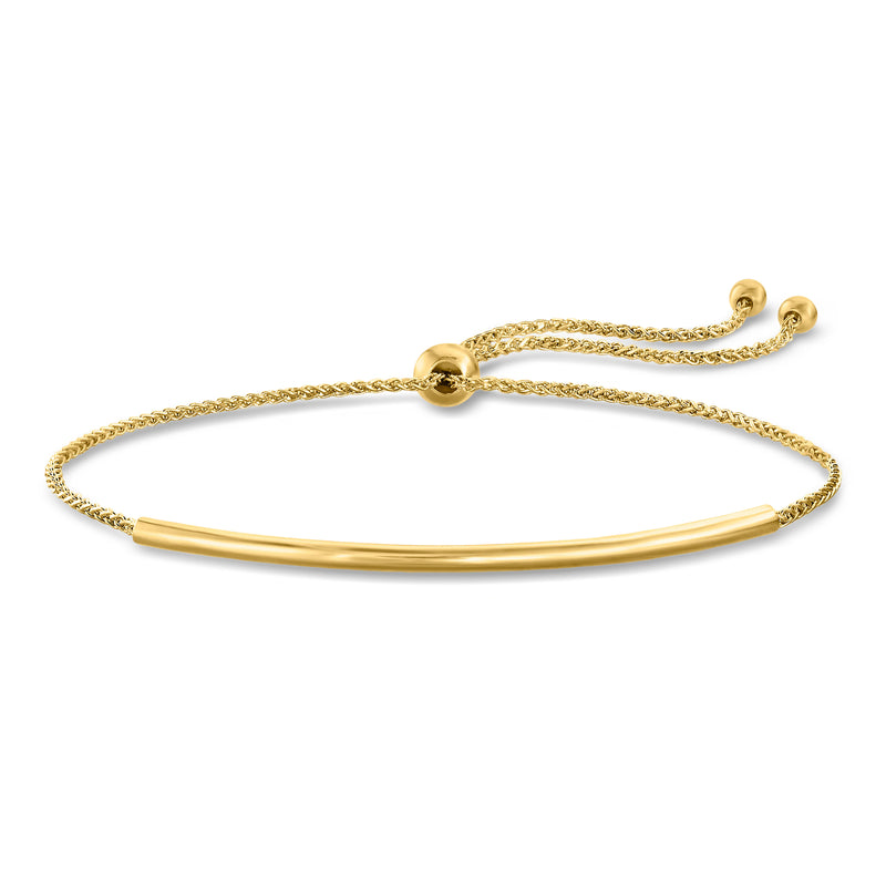 14kt yellow gold bolo bracelet with round bar center and braided rope cord
