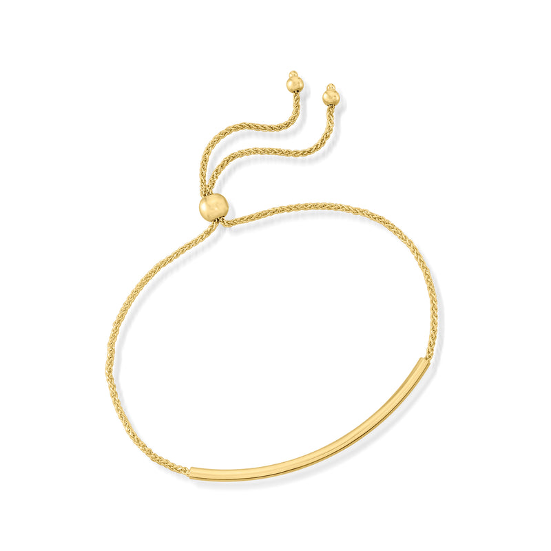 14kt yellow gold bolo bracelet with round bar and ball accents on braided cord