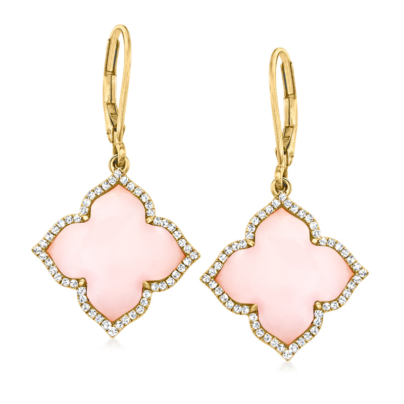 14kt yellow gold clover drop earrings with pink opal centers and diamond-style halo