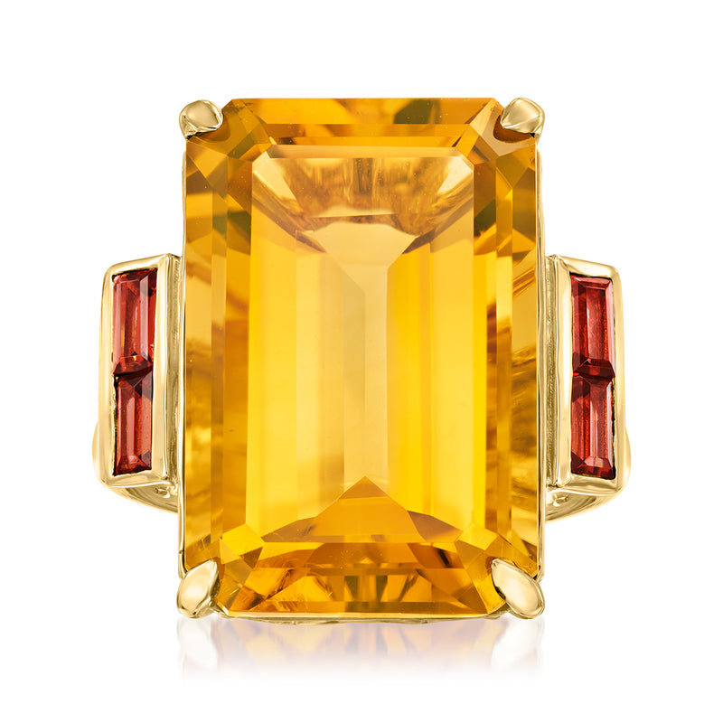 14kt yellow gold ring with rectangular cognac quartz and two baguette garnets