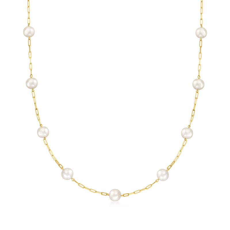 14kt yellow gold station necklace with round cultured pearls along a fine chain