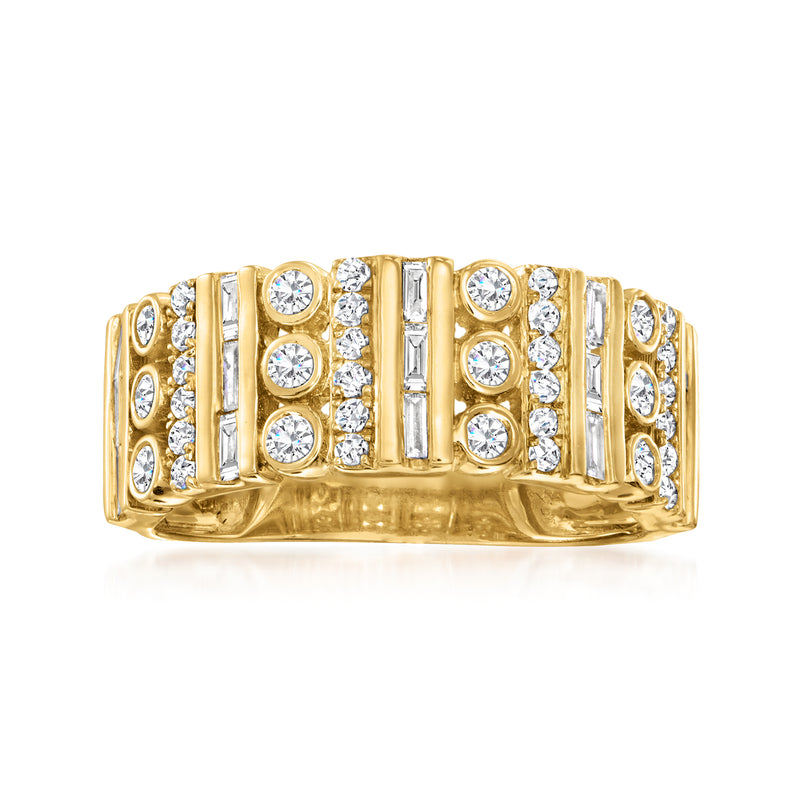 14kt yellow gold diamond ring with baguette and round stones in a vertical pattern
