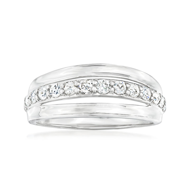 Sterling silver diamond row ring with round stones across the band