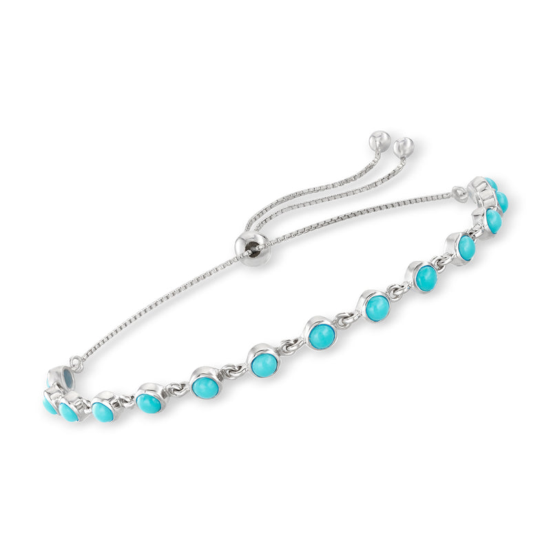 Turquoise station bolo bracelet in sterling silver with oval beads and slider clasp