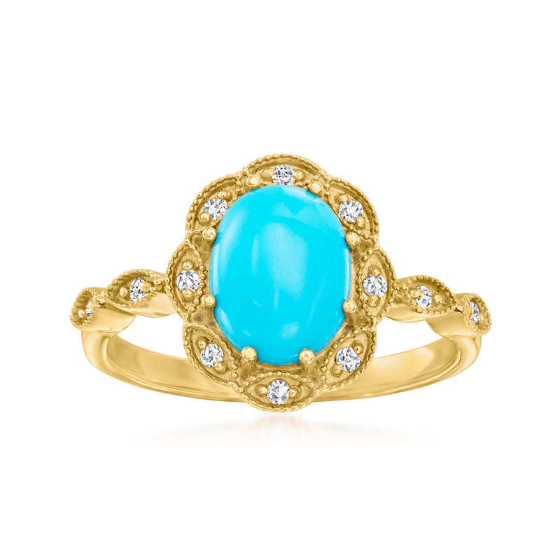 14kt yellow gold ring with oval turquoise center and diamond halo accents