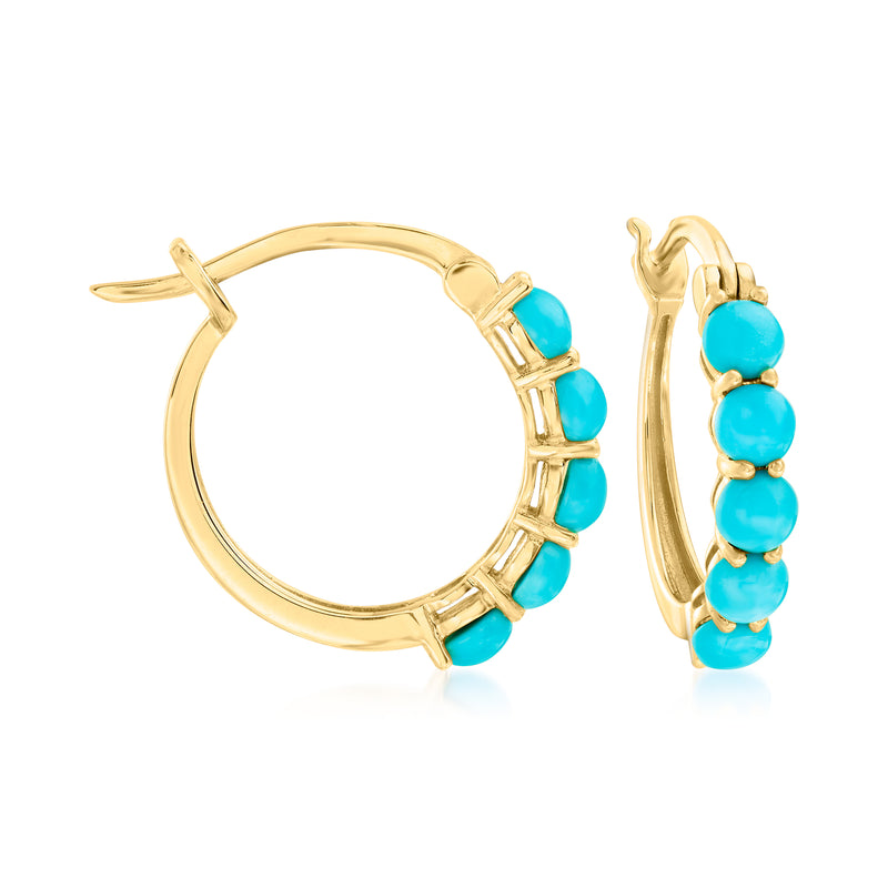 Gold hoop earrings with turquoise bead accents, hinged hoop with three stones